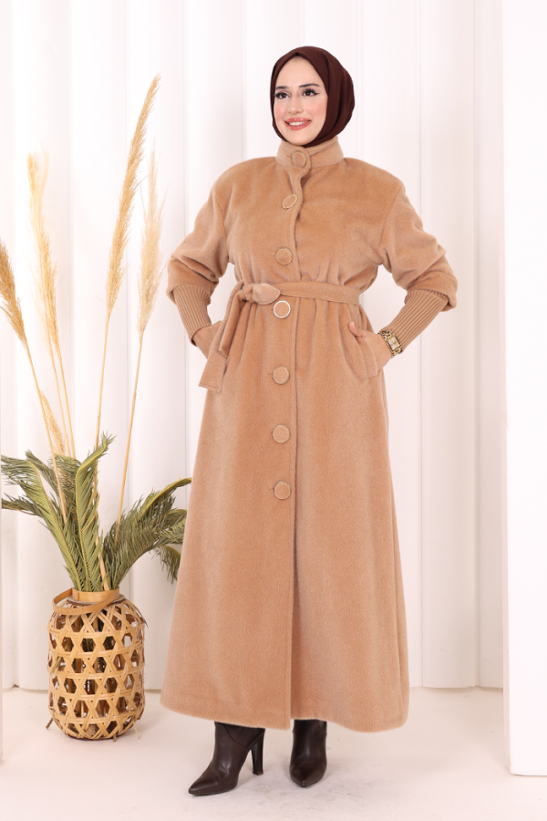 Düğme Detaylı Uzun Kaban 70048 Vizon - 2