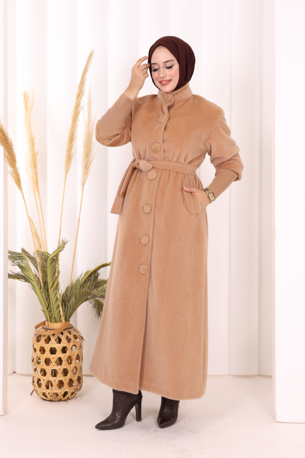 Düğme Detaylı Uzun Kaban 70048 Vizon - 3