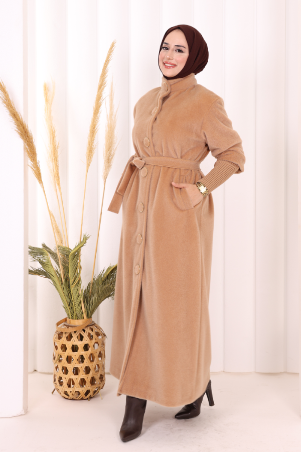 Düğme Detaylı Uzun Kaban 70048 Vizon - 4