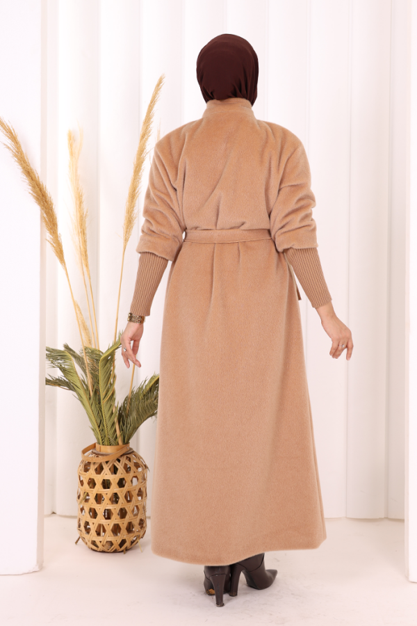 Düğme Detaylı Uzun Kaban 70048 Vizon - 5