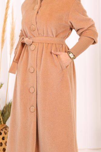 Düğme Detaylı Uzun Kaban 70048 Vizon - 7