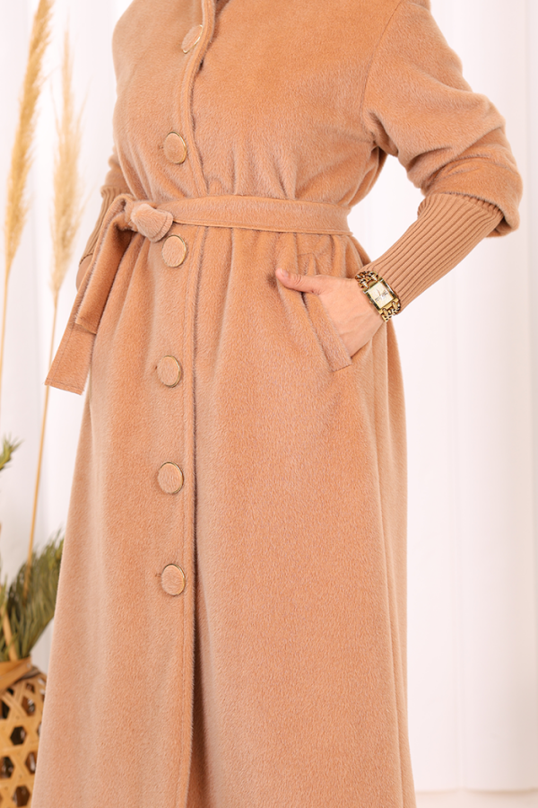 Düğme Detaylı Uzun Kaban 70048 Vizon - 7