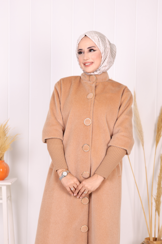 Düğme Detaylı Uzun Kaban 70048 Vizon - 7