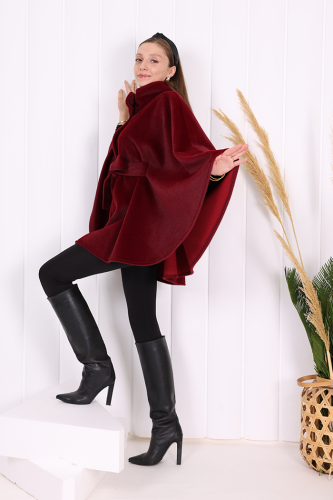 Düğme Detaylı Panço 70060 Bordo - Bym Fashion