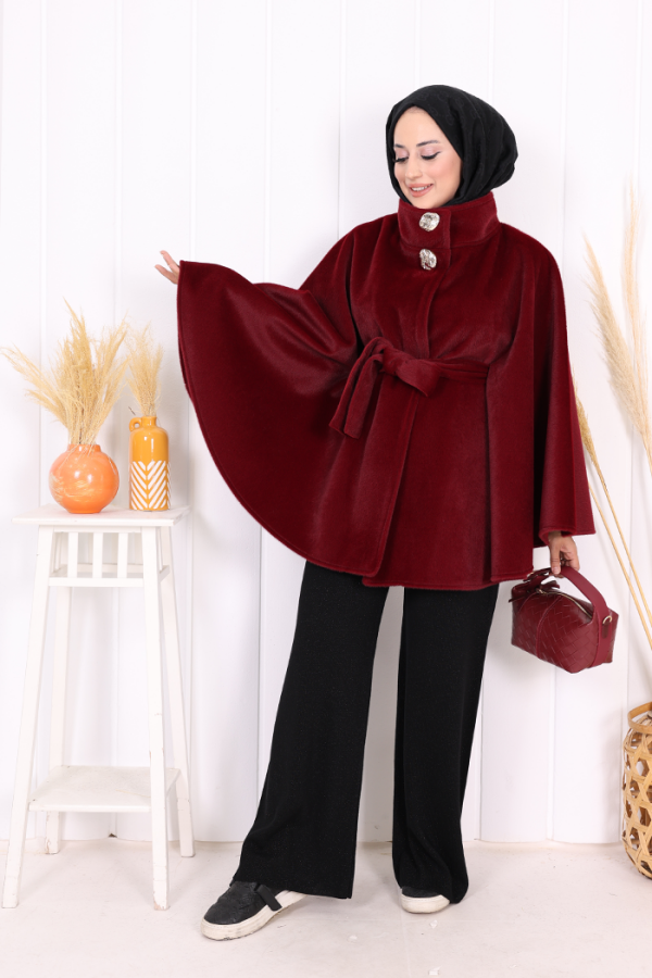 Düğme Detaylı Panço 70060 Bordo - 2