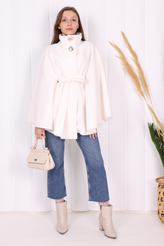 Düğme Detaylı Panço 70060 Ekru - Bym Fashion