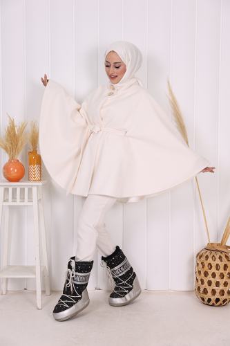 Düğme Detaylı Panço 70060 Ekru - 6
