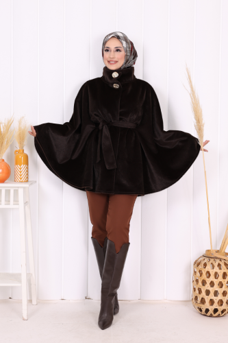 Düğme Detaylı Panço 70060 Koyu Kahve - Bym Fashion