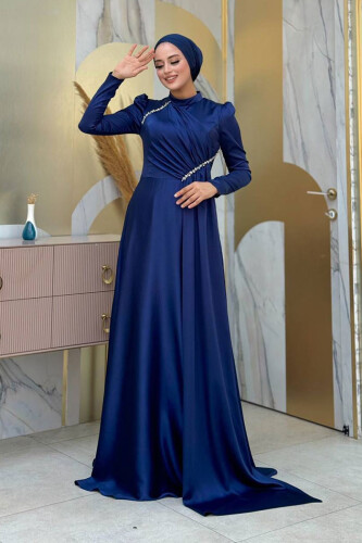 Saten Taş Detaylı Abiye 7016 Lacivert - Bym Fashion