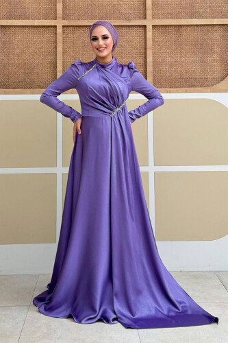 Saten Taş Detaylı Abiye 7016 Lila - Bym Fashion