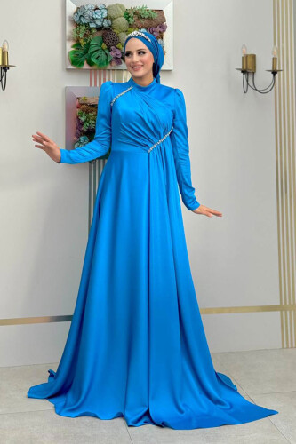 Saten Taş Detaylı Abiye 7016 Mavi - Bym Fashion