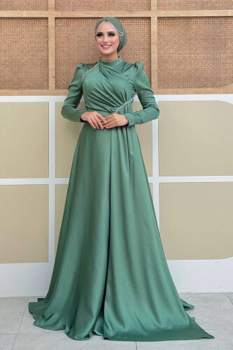 Saten Taş Detaylı Abiye 7016 Mint - Bym Fashion