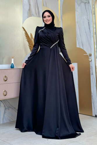 Saten Taş Detaylı Abiye 7016 Siyah - Bym Fashion