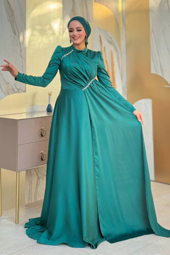 Saten Taş Detaylı Abiye 7016 Zümrüt - Bym Fashion
