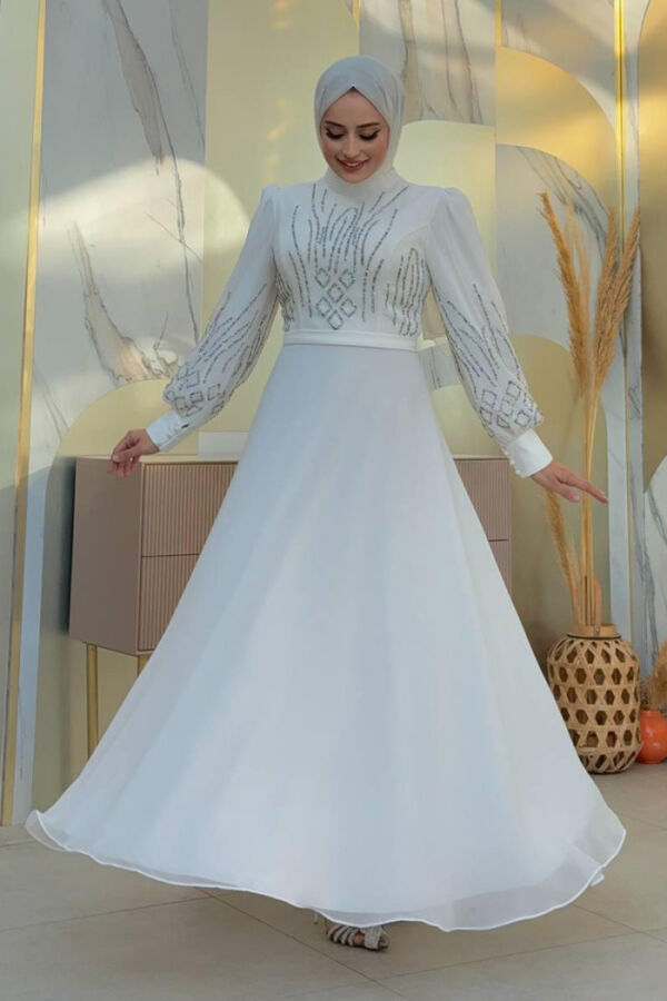Taş Detaylı Abiye Elbise 7022 Ekru - 1