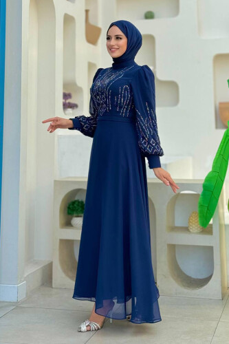 Taş Detaylı Abiye Elbise 7022 Lacivert - 3
