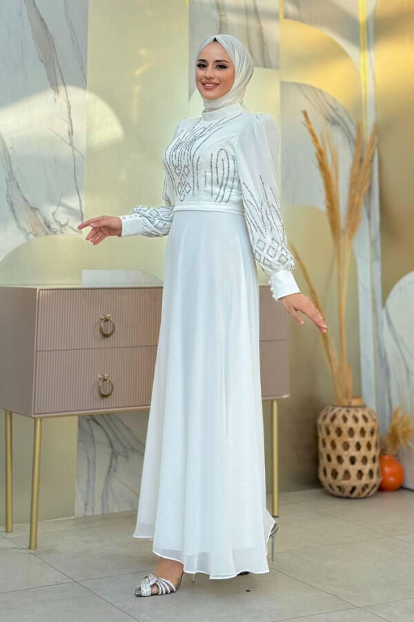 Abendkleid mit Steindetail 7022 Ecru - 3