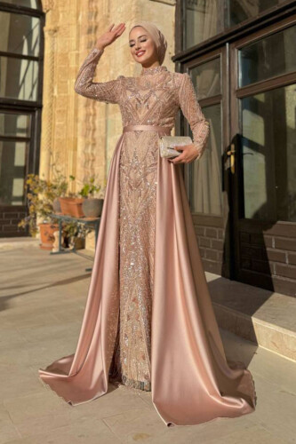 Kuyruk Detay Taş İşlemeli Abiye Elbise 7025 Gold - Bym Fashion