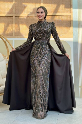 Kuyruk Detay Taş İşlemeli Abiye Elbise 7025 Haki - Bym Fashion