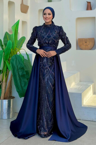 Kuyruk Detay Taş İşlemeli Abiye Elbise 7025 Lacivert - Bym Fashion