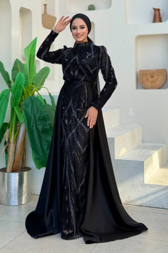 Kuyruk Detay Taş İşlemeli Abiye Elbise 7025 Siyah - Bym Fashion