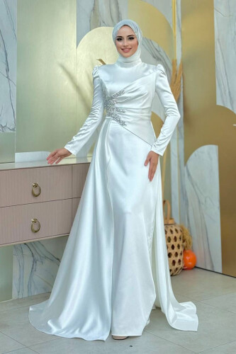 Taş Detaylı Saten Abiye 7027 Ekru - Bym Fashion