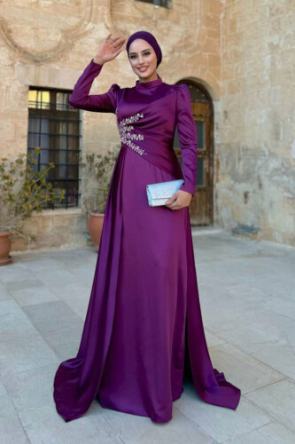 Taş Detaylı Saten Abiye 7027 Mürdüm - Bym Fashion