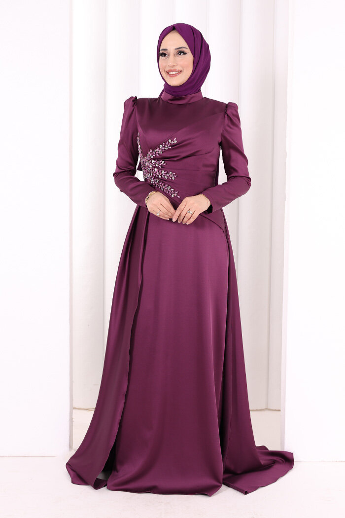 Taş Detaylı Saten Abiye 7027 Mürdüm - 1