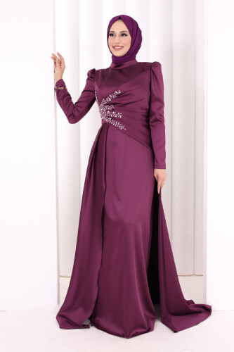Taş Detaylı Saten Abiye 7027 Mürdüm - 2