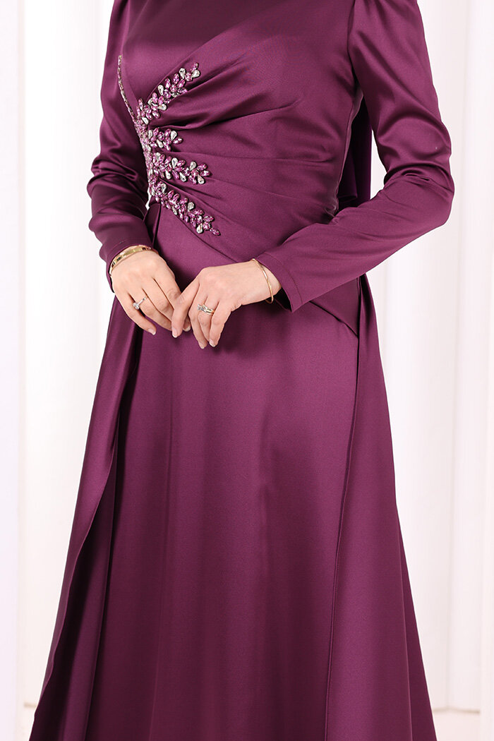 Taş Detaylı Saten Abiye 7027 Mürdüm - 6
