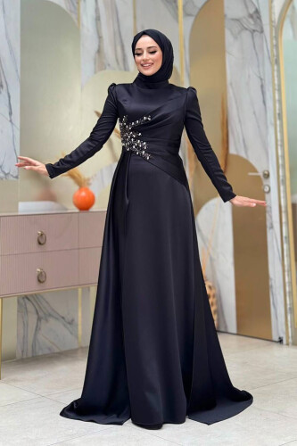 Taş Detaylı Saten Abiye 7027 Siyah - Bym Fashion