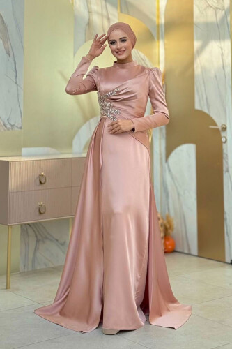 Taş Detaylı Saten Abiye 7027 Vizon - Bym Fashion