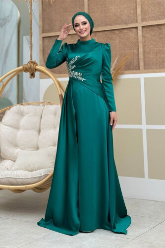 Taş Detaylı Saten Abiye 7027 Zümrüt - Bym Fashion