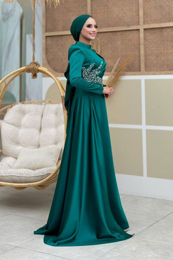 Taş Detaylı Saten Abiye 7027 Zümrüt - 3