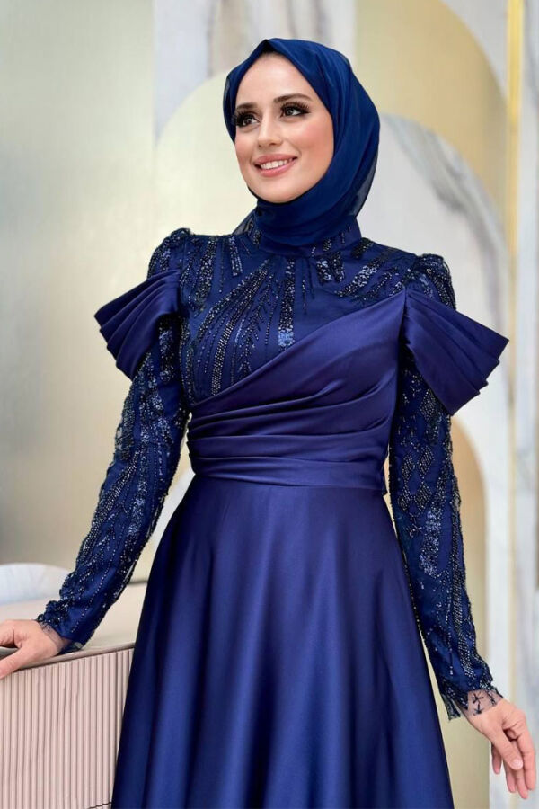Omuz Detay Taş İşlemeli Ferace 7030 Lacivert - 4
