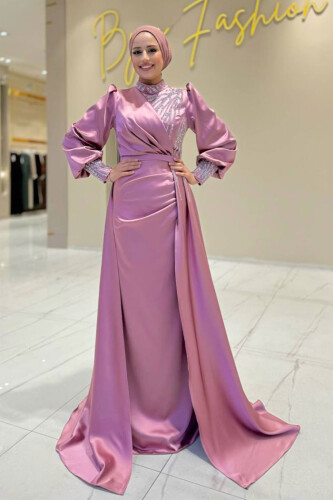 Taşlı Kuyruk Detay Abiye Elbise 7044 Gül Kurusu - Bym Fashion