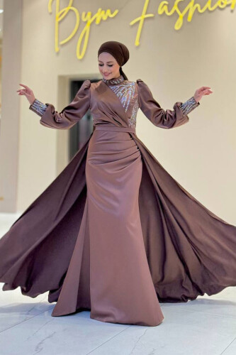 Taşlı Kuyruk Detay Abiye Elbise 7044 Kahverengi - Bym Fashion