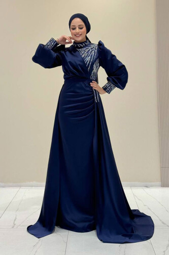 Taşlı Kuyruk Detay Abiye Elbise 7044 Lacivert - Bym Fashion