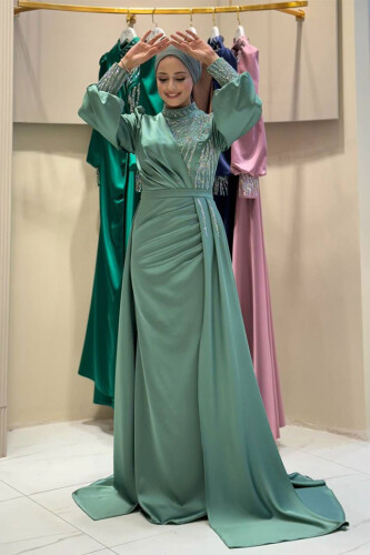 Taşlı Kuyruk Detay Abiye Elbise 7044 Mint - Bym Fashion
