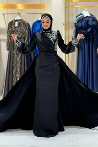 Taşlı Kuyruk Detay Abiye Elbise 7044 Siyah - Bym Fashion