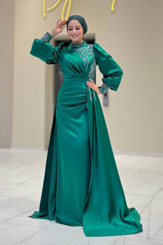 Taşlı Kuyruk Detay Abiye Elbise 7044 Zümrüt - Bym Fashion