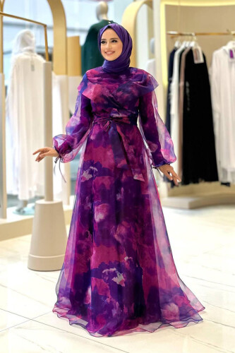 Kendinden Desenli Renkli Tül Abiye 7047 Fuşya - Bym Fashion
