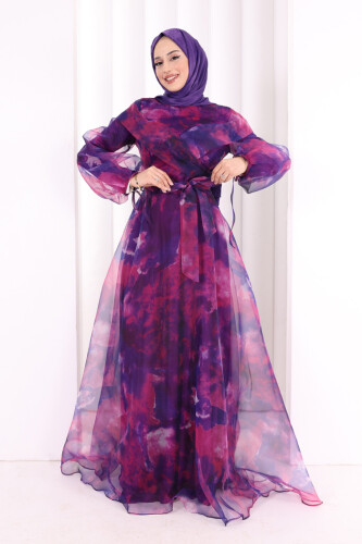 Kendinden Desenli Renkli Tül Abiye 7047 Fuşya 