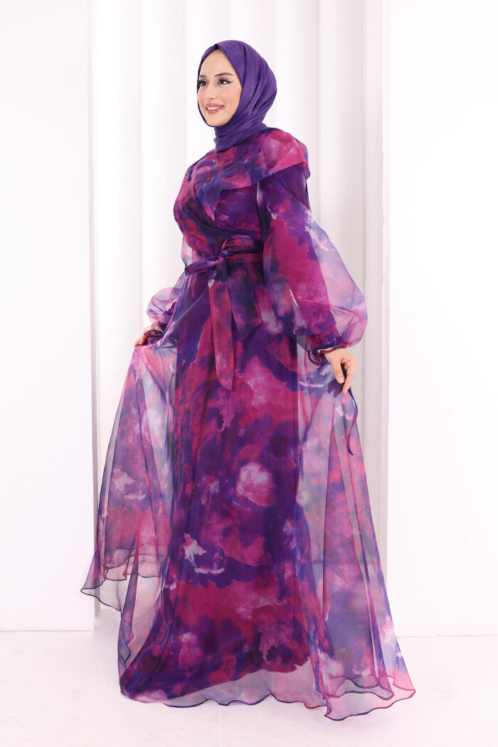 Kendinden Desenli Renkli Tül Abiye 7047 Fuşya - 2