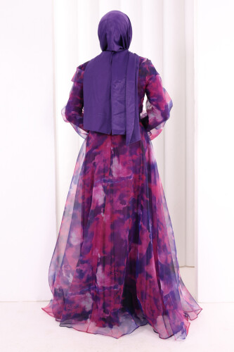 Kendinden Desenli Renkli Tül Abiye 7047 Fuşya - 3