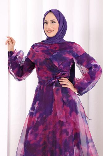 Kendinden Desenli Renkli Tül Abiye 7047 Fuşya - 4