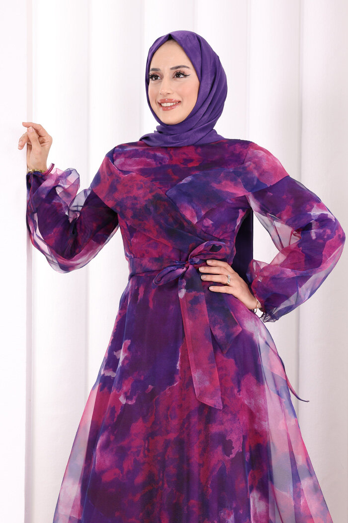 Kendinden Desenli Renkli Tül Abiye 7047 Fuşya - 4