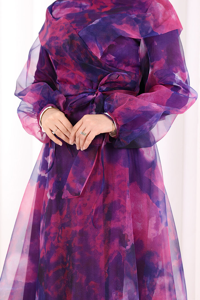 Kendinden Desenli Renkli Tül Abiye 7047 Fuşya - 5