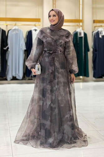 Kendinden Desenli Renkli Tül Abiye 7047 Gri - Bym Fashion