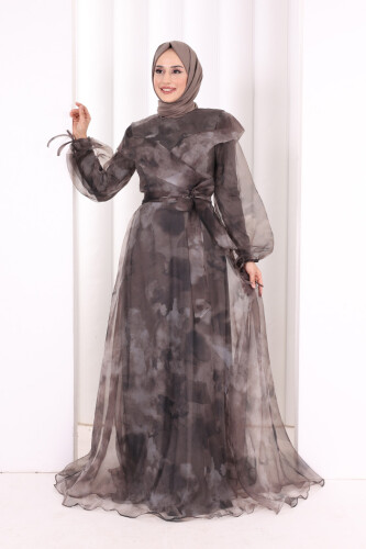 Kendinden Desenli Renkli Tül Abiye 7047 Gri 